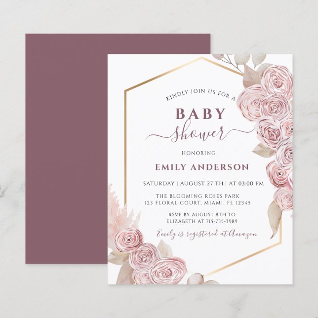 Budget Baby Dusche Rosa Blütenfarben und Golden (Vorne/Hinten)