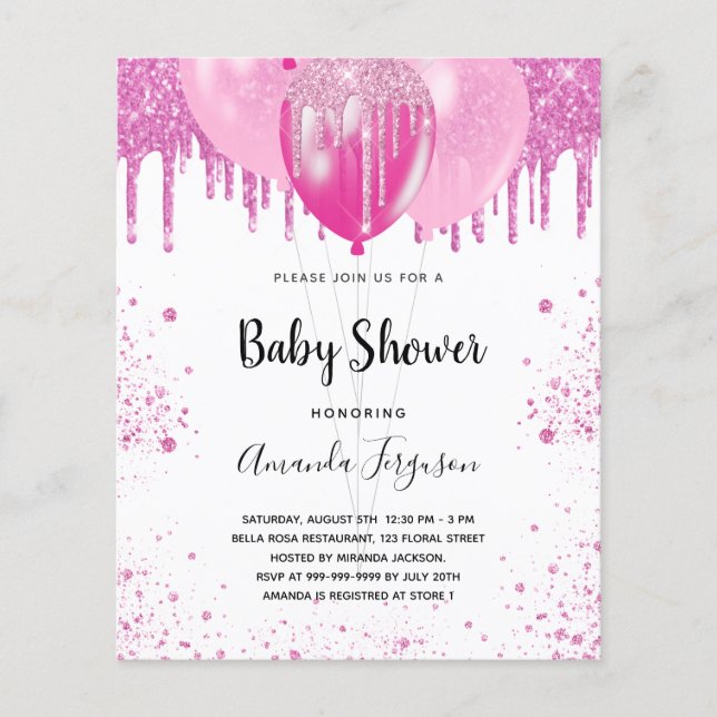 Budget Baby Dusche Rosa Glitzer Einladung (Vorderseite)