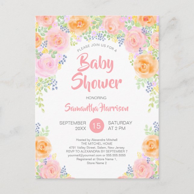 Budget Baby Dusche Rosa Rosen Aquarell Floral Einladungspostkarte (Vorderseite)