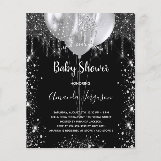 Budget Baby Dusche schwarze Silber Einladung (Vorderseite)