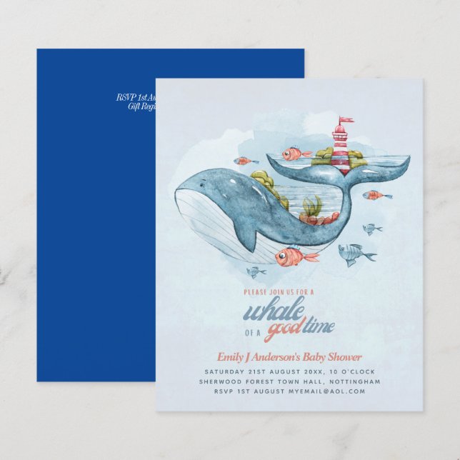 BUDGET Baby Dusche Sea Life Whale Boys Blue Einlad (Vorne/Hinten)