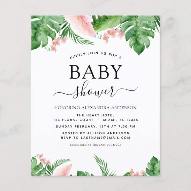 Budget Baby Dusche Tropical Palm Floral Wasserfarb Flyer (Vorne)