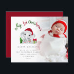 Budget Baby First Christmas Elephant Foto Card<br><div class="desc">BITTE BEACHTEN SIE, dass pro Blatt eine Karte vorhanden ist. Budget Baby First Christmas Elephant Foto Urlaubskarte. Ein Budget Preis SMALLER 4.5" x 5.6" Flachkarte für Ihre feierlichen Grüße auf einem glänzenden SEMI GLOSS 110 lb Kartenstock (ähnlich der Dicke einer Postkarte) BITTE BEACHTEN: Der Umschlag mit dieser Karte kann etwas...</div>