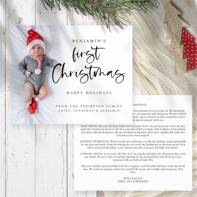Budget Baby First Christmas Newsletter Fotokarte (Front and back view. Budget price value 4.5 x 5.6" with your newsletter on the back)