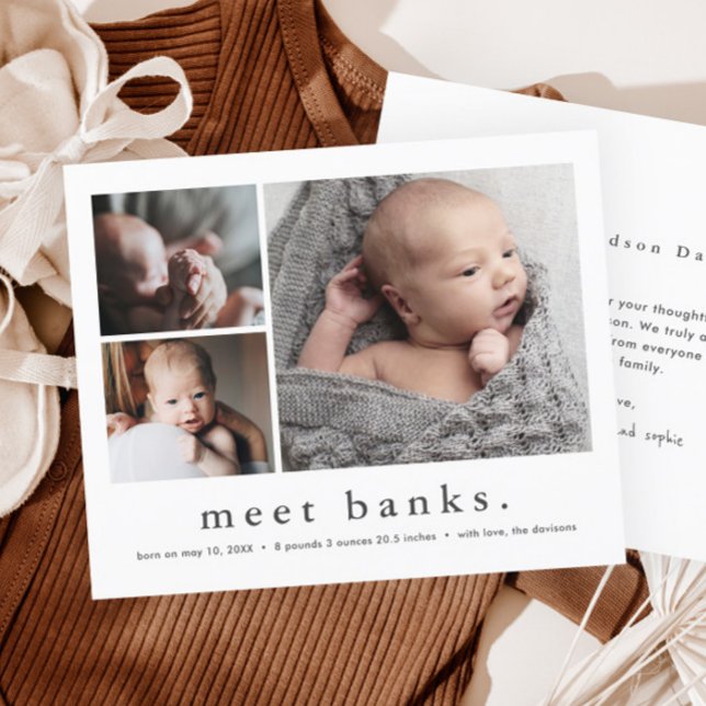 Budget Baby Foto Collage Geburtsankündigung (Simple Typography 3 Photo Collage Baby Stats Birth Announcement Thank You Cards.)