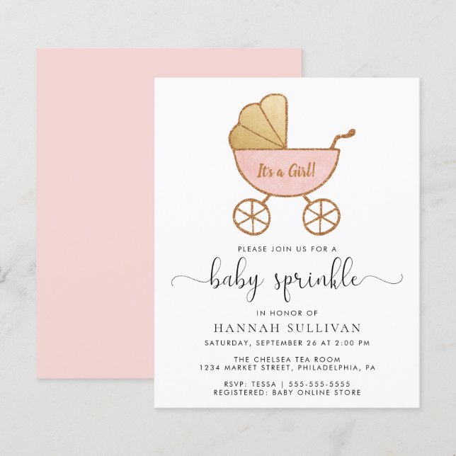 Budget Baby Girl Sprinkle Pink Carriage Einladung (Vorne/Hinten)
