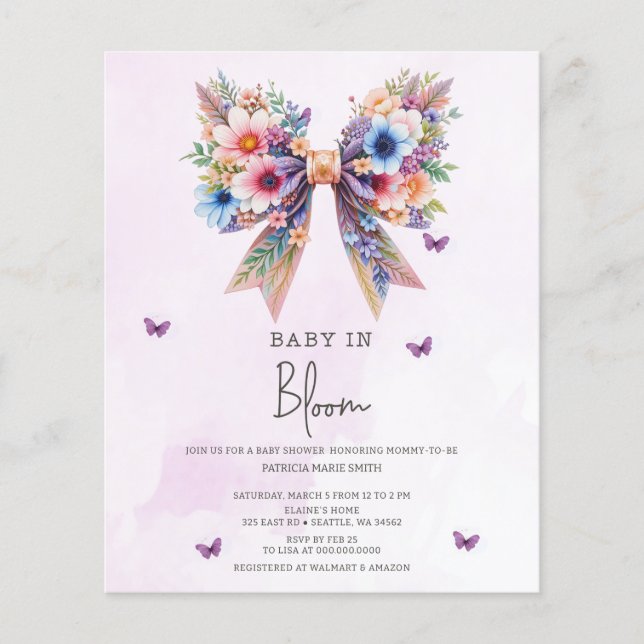 Budget Baby in Bloom Bow Girl Babydusche Einladung (Vorderseite)