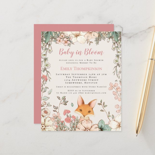 Budget Baby in Bloom Fox Girl Babydusche einladen (Vorderseite/Rückseite Beispiel)