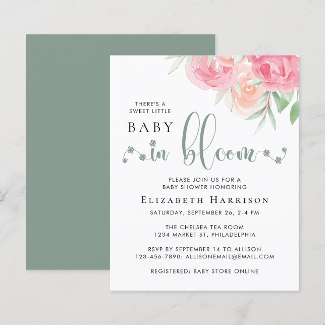 Budget Baby in Bloom Pink Blütendusche Einladung (Vorne/Hinten)