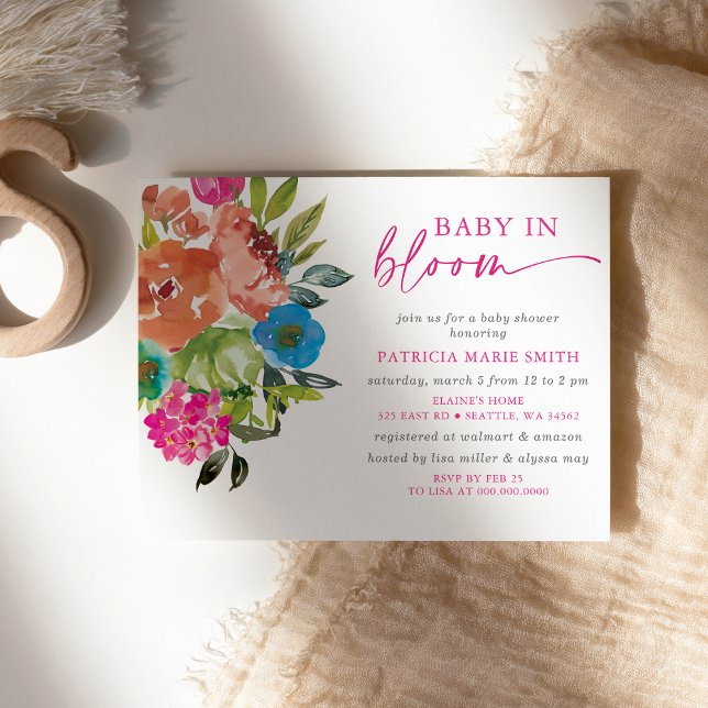 Budget Baby in Bloom Pink Floral Girl Babydusche (Bright Baby in Bloom Pink Floral Girl Baby Shower Invitation)