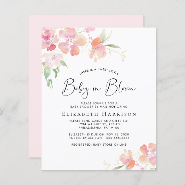 Budget Baby in blutrosa Blumendusche per Post (Vorne/Hinten)