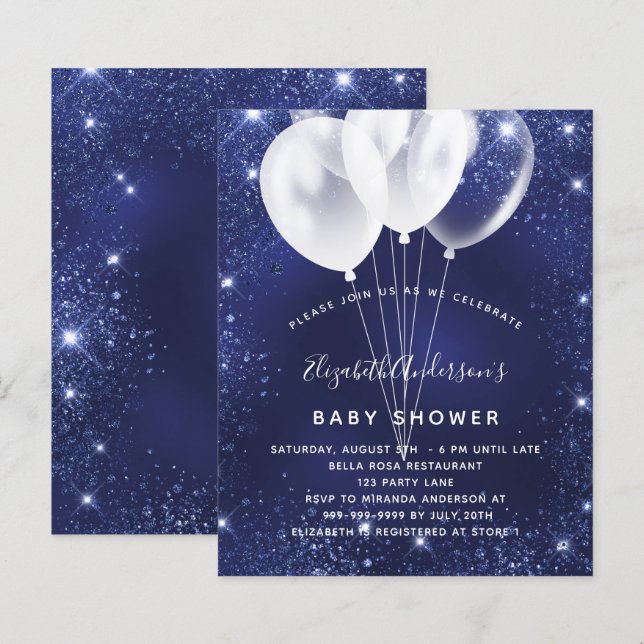 Budget Baby Shower blauen Ballon Einladung (Vorne/Hinten)