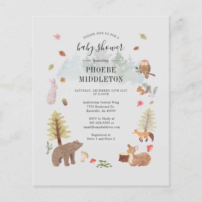 Budget Baby Shower Woodland Tiere Einladung (Vorderseite)
