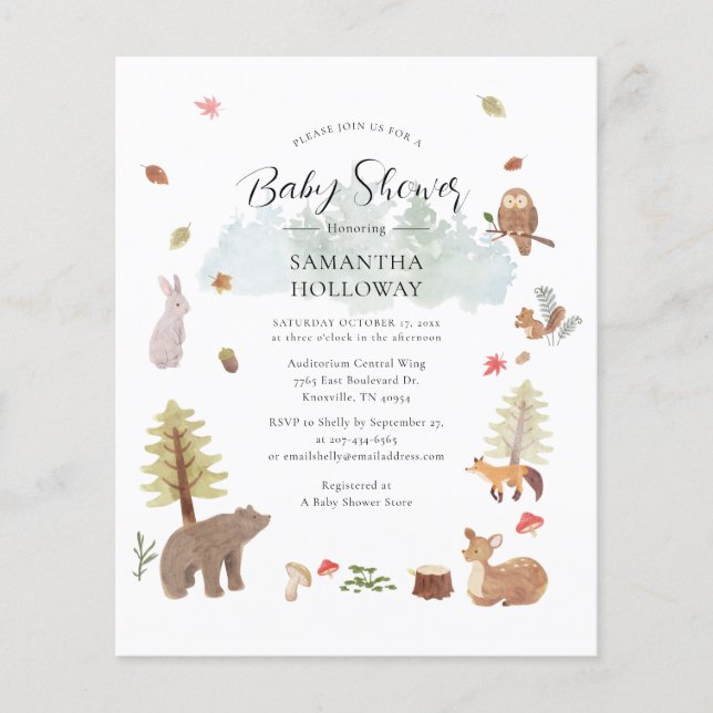 Budget Baby Shower Woodland Tiere Einladung (Vorderseite)
