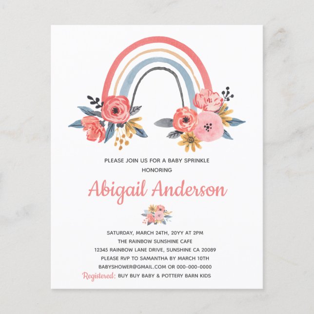 Budget Baby Sprinkle Rainbow Floral Einladung Flyer (Vorne)