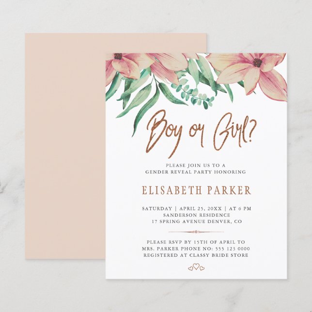 Budget Babydusche Geschlecht enthüllt Party Einlad (Vorne/Hinten)