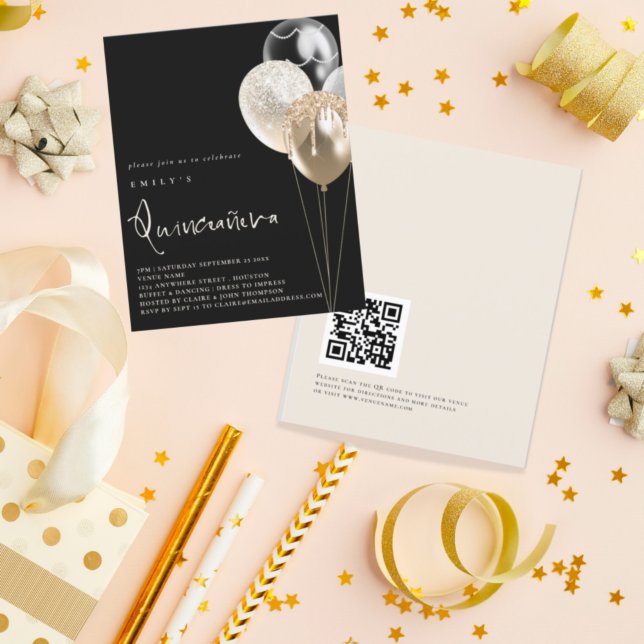 Budget Balloons Gold QR Quinceañera Black Invite (Von Creator hochgeladen)