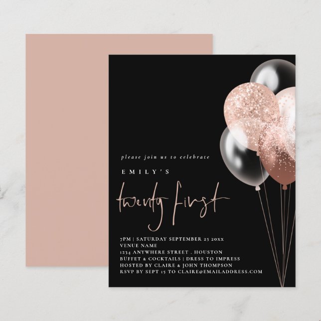Budget Balloons Script Rose Gold 21. Black Invite (Vorne/Hinten)