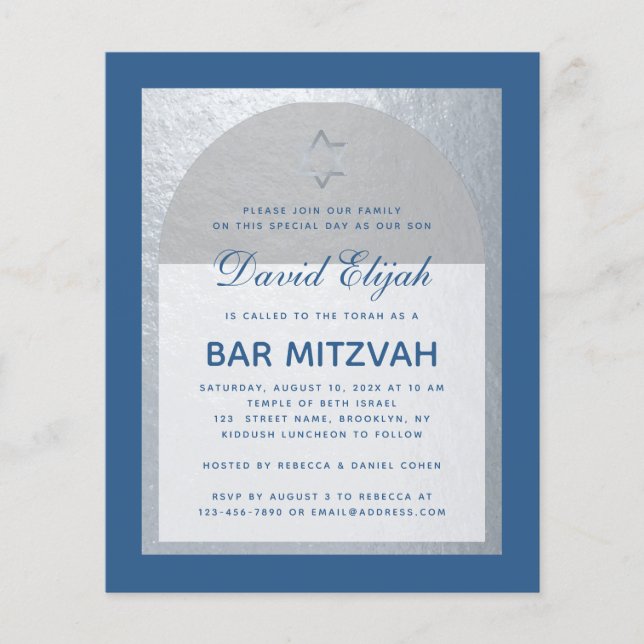 Budget Bar Mitzvah Classic Blue Silver Einladung (Vorderseite)