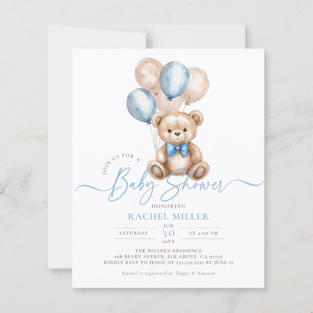 Budget Bärenballons Blue Boy Baby Dusche Einladung (Vorderseite)