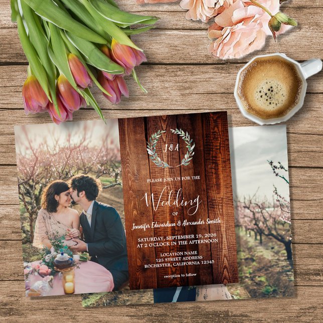 Budget barn wood monogram photo Wedding invitation Flyer (Budget barn wood monogram photo Wedding invitation Flyer. You can add your own photos to personalize)