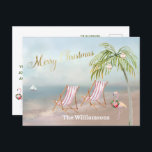 Budget Beach Flamingo Wreath Einzigartiges Weihnac Ankündigungspostkarte<br><div class="desc">Frohe Weihnachten an diesem schönen Strand von Watercolor - friedliche und sanfte Szene mit zwei Liegestühlen - freundlicher Flamingo mit schönem Kranz - Palme mit ein paar Ornamenten.  Auch in verschiedenen Papiergewichten erhältlich - Ihre Auswahl.</div>