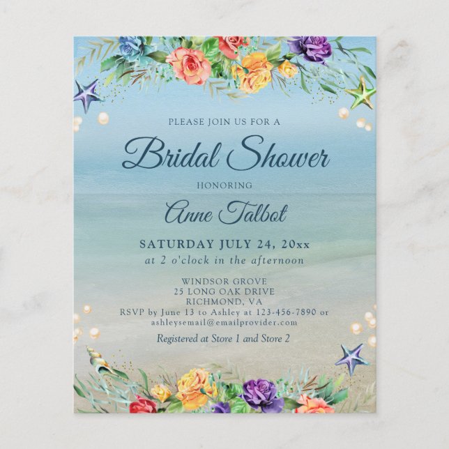 Budget Beach Floral Bridal Dusche Einladung (Vorderseite)