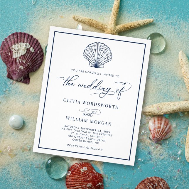 Budget Beach Seashell Wedding Einladung White Navy Flyer (Von Creator hochgeladen)