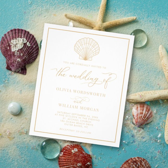 Budget Beach Seashell Wedite Einladung White Beige Flyer (Von Creator hochgeladen)