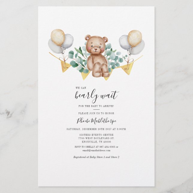 Budget Bear Eukalyptus Greenery Baby Shower Card Briefpapier (Vorderseite)