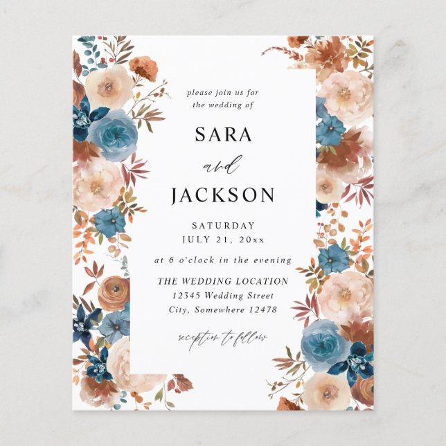 Budget Beige & Dusty Blue Floral Wedding Flyer (Vorne)