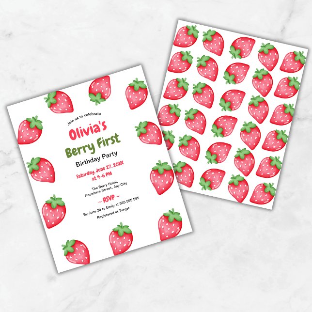 Budget Berry Erster Geburtstag 1. Geburtstag Einla (Budget Berry First Birthday Strawberry 1st Birthday Invitation )