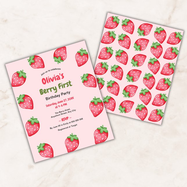Budget Berry Erster Geburtstag 1. Geburtstag Einla (Budget Berry First Birthday Strawberry 1st Birthday Invitation )