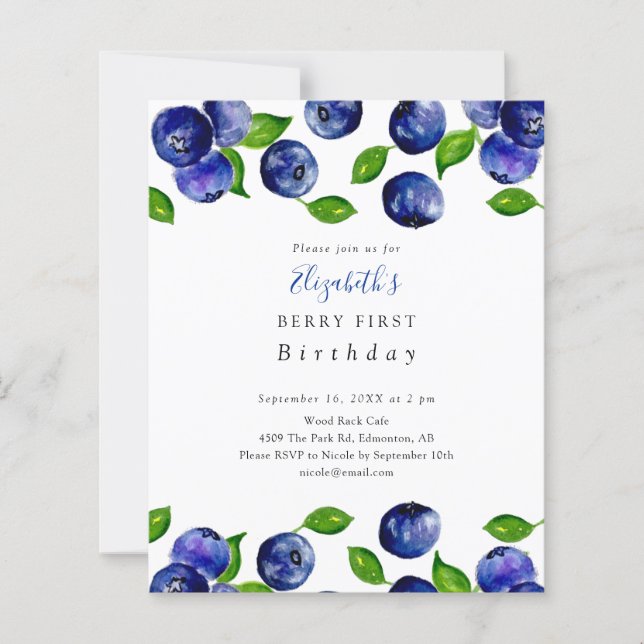 Budget Berry First Birthday Blueberry Watercolor (Vorderseite)