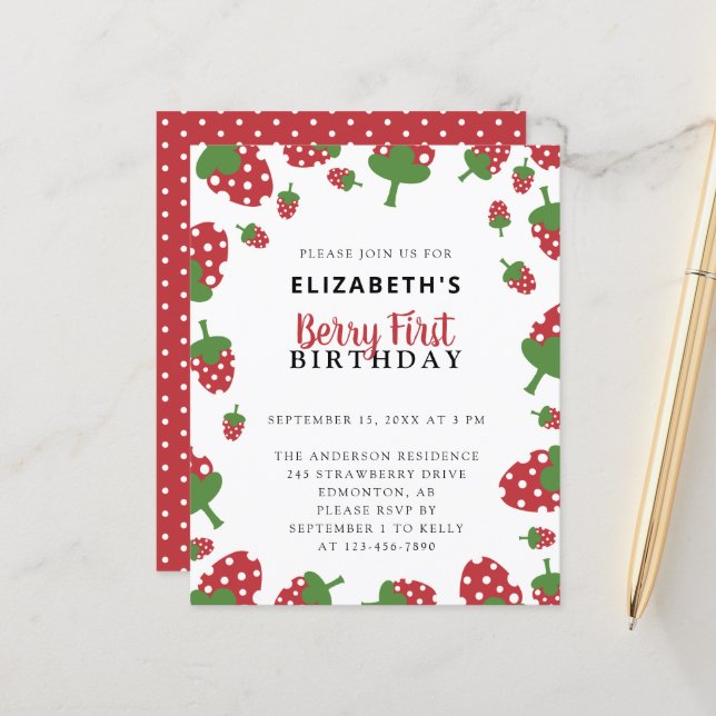 Budget Berry First Birthday Niedlich Strawberry Gi (Vorderseite/Rückseite Beispiel)