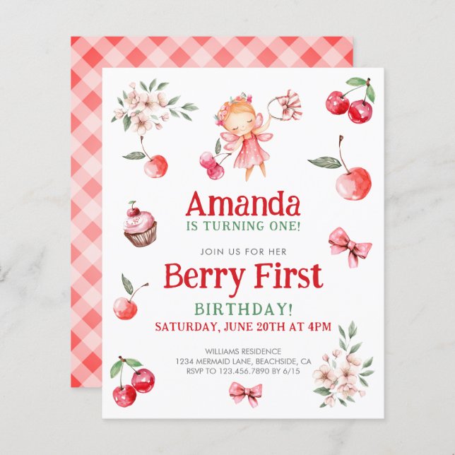 Budget Berry First Cherry Birthday Einladung (Vorne/Hinten)