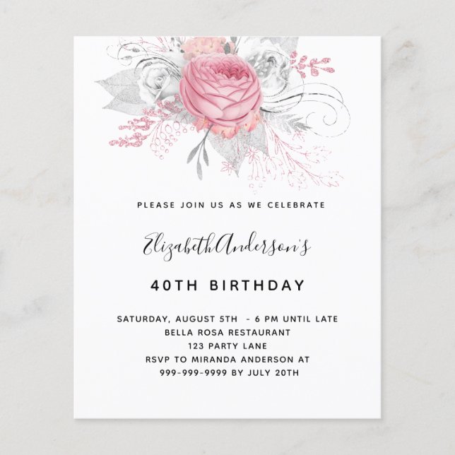 Budget Birthday Rosa Flora elegante Einladung (Vorderseite)