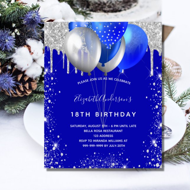 Budget birthday royal blue silver invitation (Von Creator hochgeladen)
