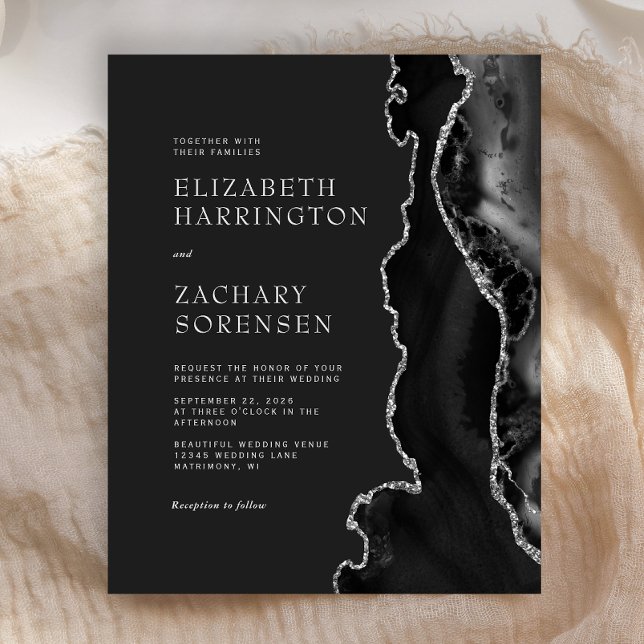 Budget Black Agate Silver Wedding Einladung (Von Creator hochgeladen)