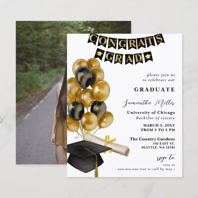 Budget Black and Gold Balloons Foto Abschluss (Vorne/Hinten)