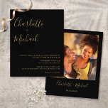 Budget Black And Gold Photo Wedding Invitation<br><div class="desc">Featuring signature style names,  this elegant budget black and gold wedding invitation can be personalized with your information in chic lettering and your special photo on the reverse. Designed by Thisisnotme©</div>