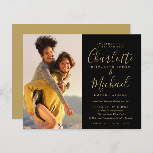 Budget Black and Gold Script Foto Einladung (Vorne/Hinten)