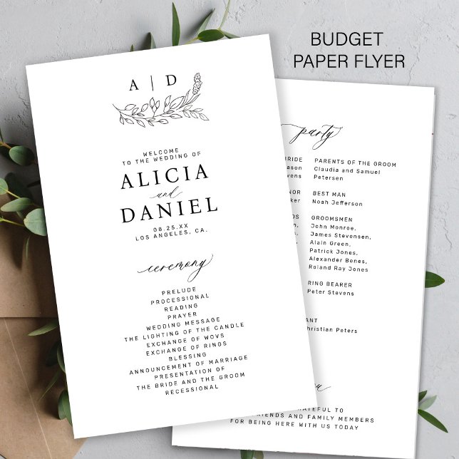 Budget black and white monogram wedding program flyer (Von Creator hochgeladen)
