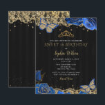 Budget Black Blue Rose Lace Sweet 16 Einladung<br><div class="desc">Budget Elegant Vintag Blue Rose Schmetterlinge Black Gold Lace Sweet 16 Geburtstag Einladung</div>