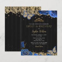 Budget Black Blue Rose Lace Sweet 16 Einladung