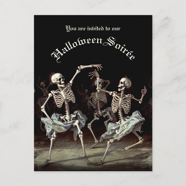 Budget Black Death Dancing Skeletts Halloween Einladungspostkarte (Vorderseite)