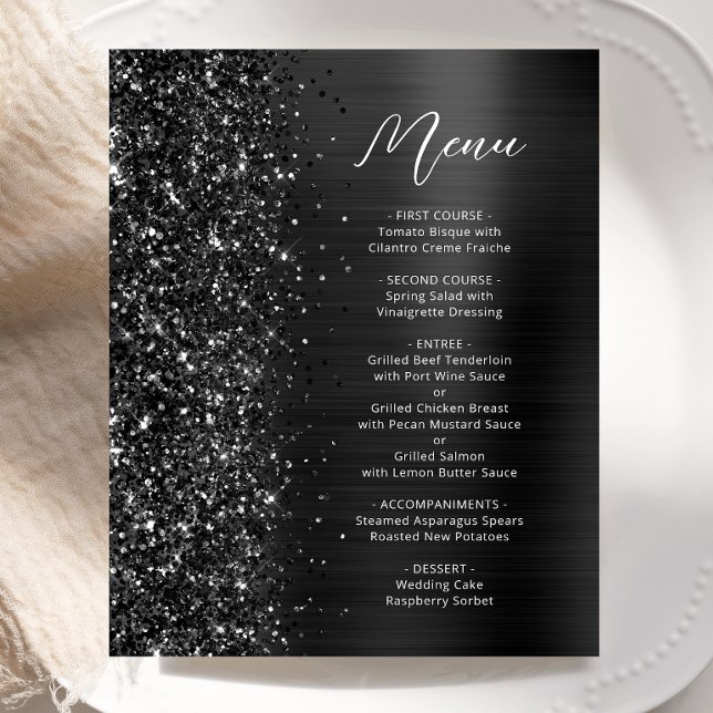 Budget Black Glam Glitter Wedding Menu (Von Creator hochgeladen)