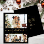 Budget Black Gold 4 Foto Collage Weihnachtskarte<br><div class="desc">Budget Elegant Modernes Schwarzes und Gold Herzenskript 4 Foto Collage Frohe Weihnachts Script Holiday Thin Card. Notiz: dünner als Postkarte! Dieses festliche Minimum vier (4) Foto Urlaubskarte Vorlage verfügt über eine hübsche Foto Collage, ein kleines doodle Herz und sagt Frohe Weihnachten! Der Grußtext "Frohe Weihnachten" ist in einem handgeschriebenen Typografie-Swash-Schwanz...</div>