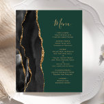Budget Black Gold Agate Green Wedding Menü<br><div class="desc">Die links Seite dieses eleganten,  modernen Hochzeitsmenüs besticht durch einen schwarzen Aquarellrahmen,  der mit vergoldetem Imitat-Glitzer besticht. Der anpassbare Text kombiniert goldfarbene Handschrift-Skripte mit Copperplate-Schriftart auf einem dunkelgrünen Hintergrund. Auf der Rückseite ist ein passendes schwarz-goldfarbenes Agerat-Design zu sehen.</div>