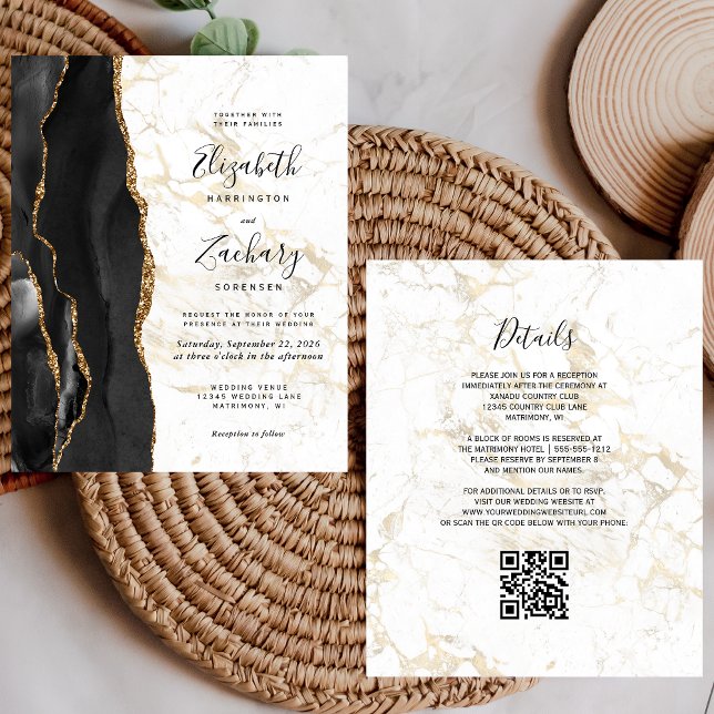 Budget Black Gold Agate Marble QR Code Wedding (Von Creator hochgeladen)